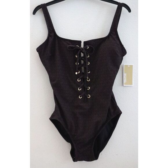Michael Kors MM2L959-212 Women's Sz 4 Brown Monogram Lace-Up 1-pc Swimsuit - Picture 1 of 5